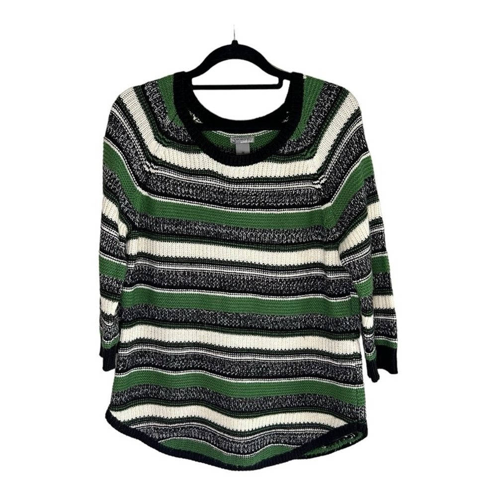 New Directions Weekend Womens Striped Sweater Green Black White Knit Medium M